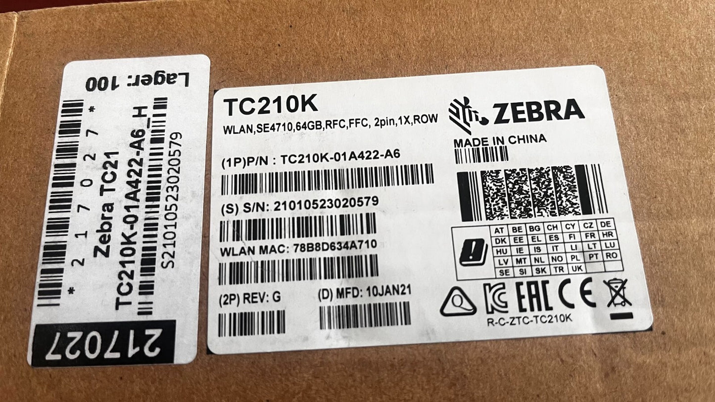 Zebra TC21K WLAN, SE4710, 64 GB, RFC, FFC, 2 pin, 1X, ROW TC210K-01A422-A